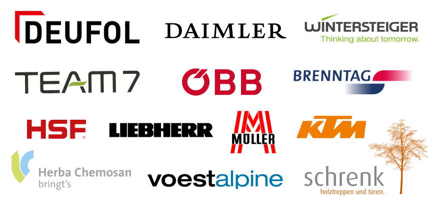 Logoübersicht ausgewählter ACON-Referenzen: DEUFOL, Daimler, Wintersteiger, TEAM 7, ÖBB, Brenntag, HSF, Müller, KTM, Herba Chemosan, voestalpine, Schrenk